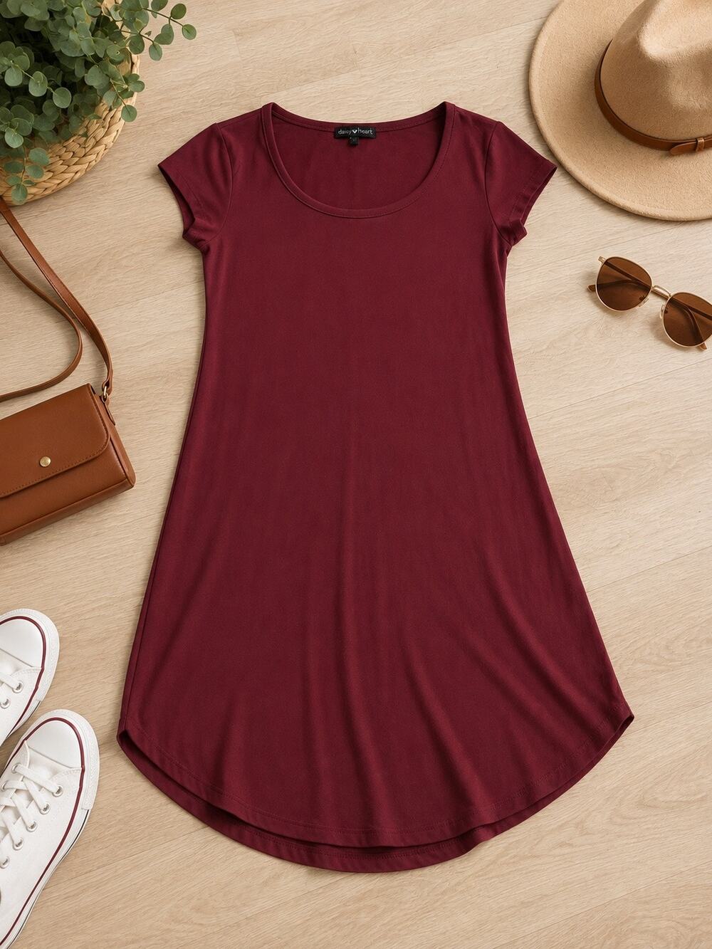 Derek Heart Women’s L Burgundy Stretch T-Shirt Dress Scoop Neck Short Sleeve